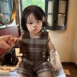 韩范童装冬季女童复古毛呢套装洋气婴童宝宝格子坎肩马甲+短裤棉