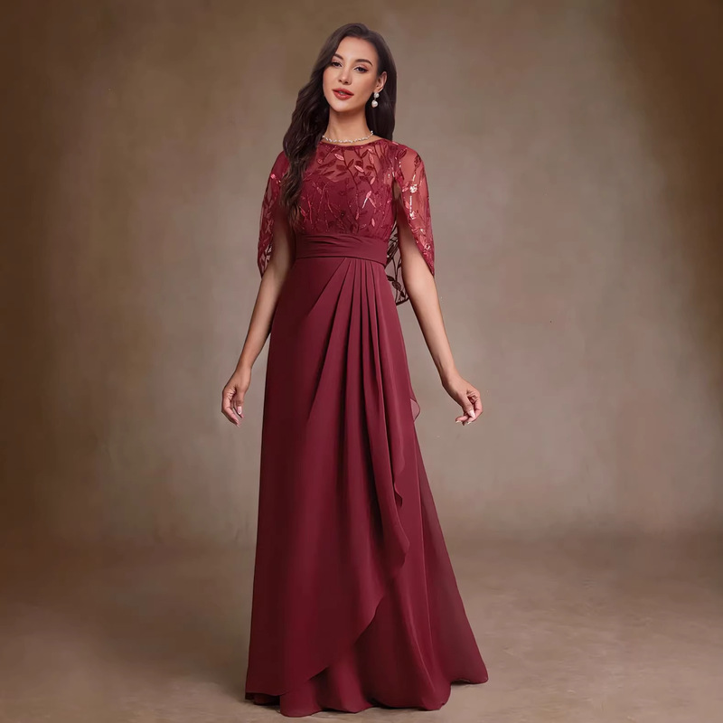 Amazon's New Evening Dress Chiffon Bridal Gown with Cape Sleeves and Long Ruffles 2026 New Model Factory Supply Amazon's New Evening Dress Chiffon Bridal Gown with Cape Sleeves and Long Ruffles 2026 New Model Factory Supply