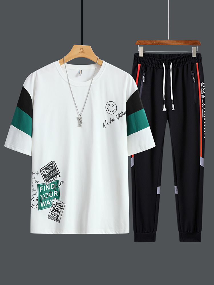 Camiseta suelta de manga corta, pantalones largos, traje deportivo y de ocio, traje de dos piezas de marca de moda simple de verano para hombres jóvenes