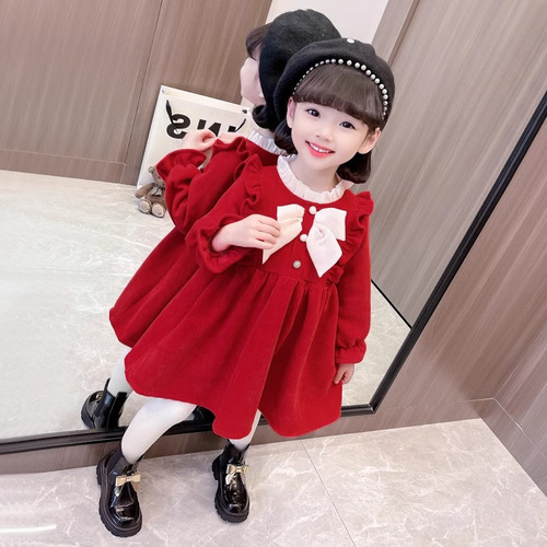 New Sweet Butterfly Bow Fashion Dress for Autumn/Winter, Small Children, Stylish Medium Length Skirt Option