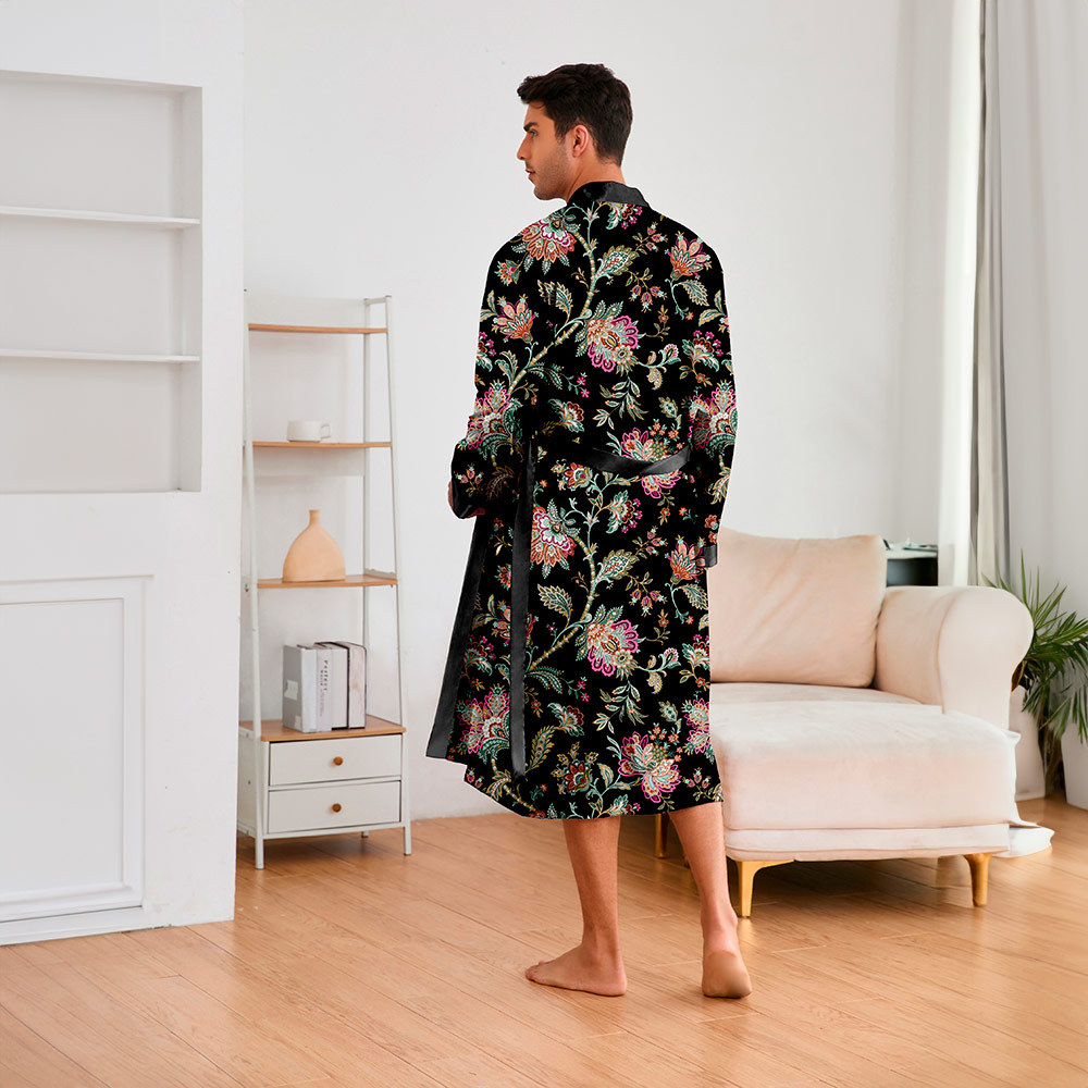 Yao Ting Cross-border Trade Europe and America Nightgown Ice Silk Pajamas Men's Long Sleeve Nightgown Bathrobe Home Clothes TZ22290