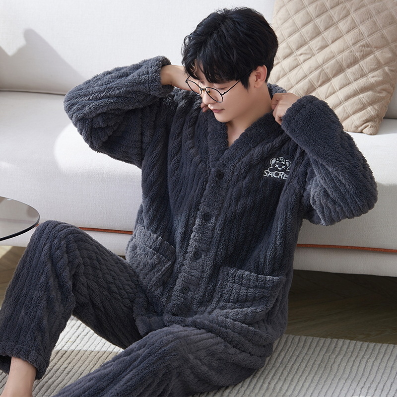 Pajamas Men's Winter Coral Velvet Thickeneded Velvet Youth Kimono Men's Flannel Warm Home Clothes Winter Suit