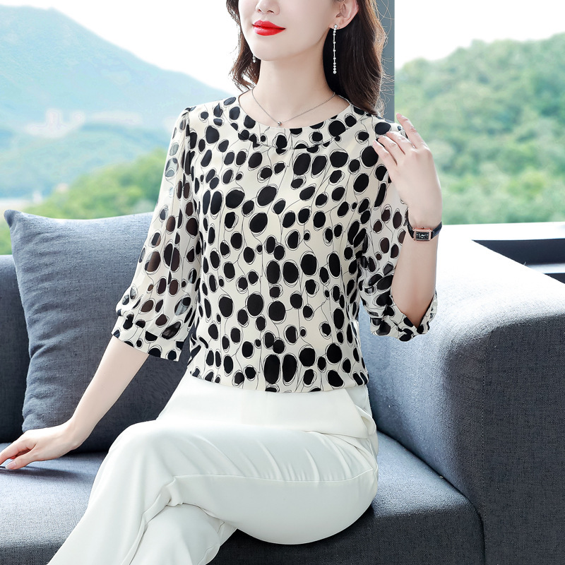 Wholesale Genuine Thin Silk Mother's Wear 100% Real Silk Women's T-Shirt Round Neck Elegant Casual Short Long-Sleeve Plus Size Top