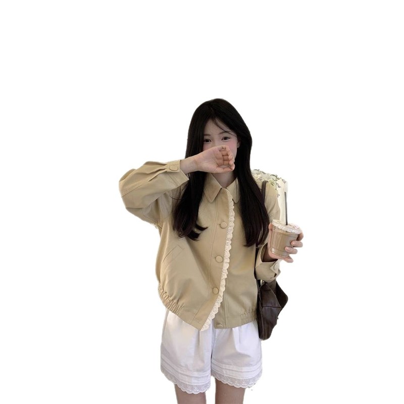花边拼接翻领长袖夹克外套女新款短款设计感棒球服上衣潮女装夹克|undefined