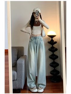 Light-Colored Wide-Leg Jeans for Women, Summer Thin Style, Plus Size, High-Waisted, Loose, Slimming, Drapey, Floor-Length Straight Pants for Petite Figures