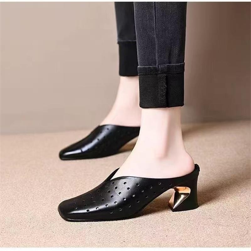 Mueller zapatos cuadrados de tacones gruesos para mujeres 2026 verano nuevos zapatos de agujero de cuero suave con cabeza de bolsillo medio zapatos de transporte universal image 4