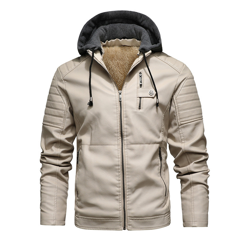 Autumn and Winter Style Stand Collar Casual Youth Zipper Pocket Fitted Zipper Fleece-Lined In-Stock Hooded Men's Leather Jacket