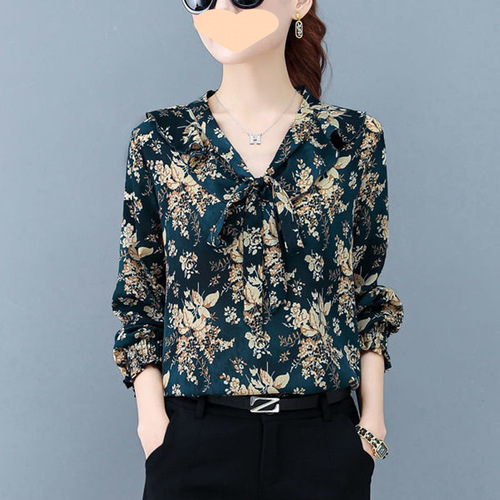 2025 chiffon blouse new high-end floral chiffon women's Korean version stylish women's long-sleeved tunic top