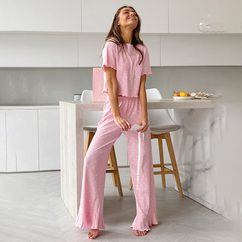 국경 2025 유럽과 미국의 봄 사랑 반팔 바지 인쇄 여성용 홈 의류 니트 할로우 파자마 투피스 세트