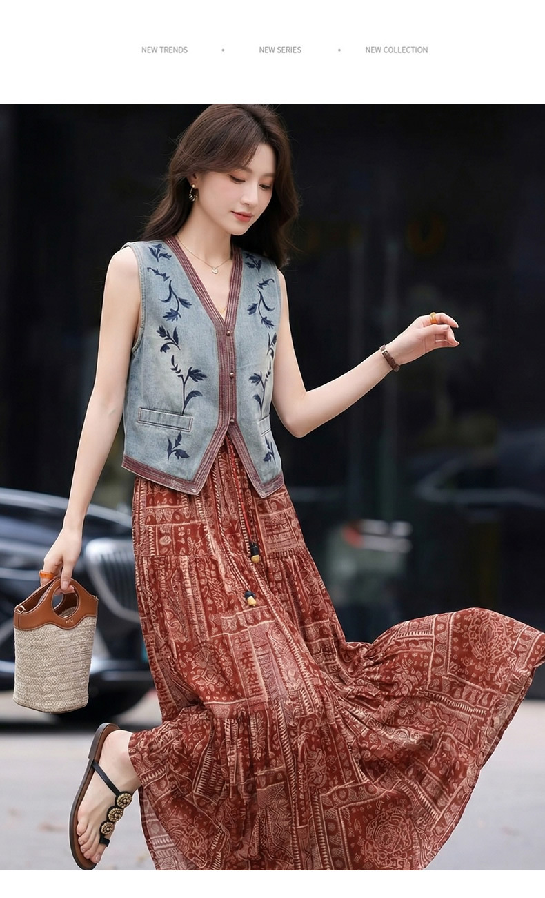 Set áo vest ren và chân váy midi hai mảnh nữ tính họa tiết thêu hoa — màu đỏ chi tiết 14