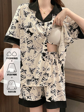 带胸垫睡衣女夏季纯棉短袖高级感简约休闲新款女士开衫家居服套装