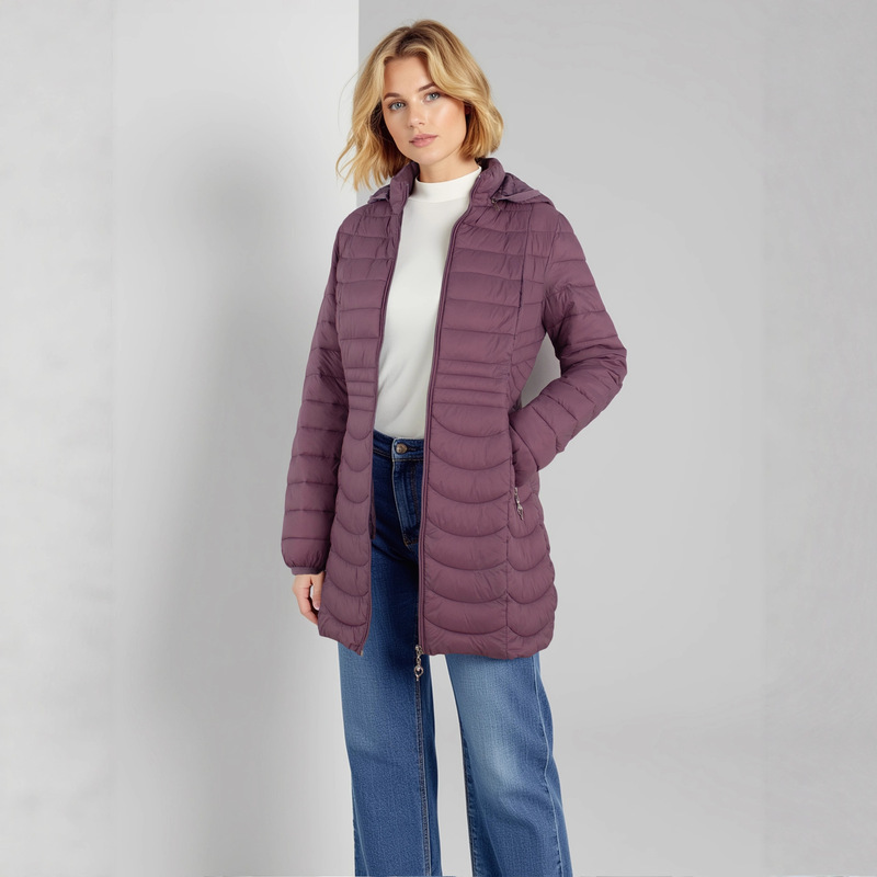 European and American Women's Long Warm Parka, Women's Ultra-Light Padded Cotton Jacket with Detachable Hood