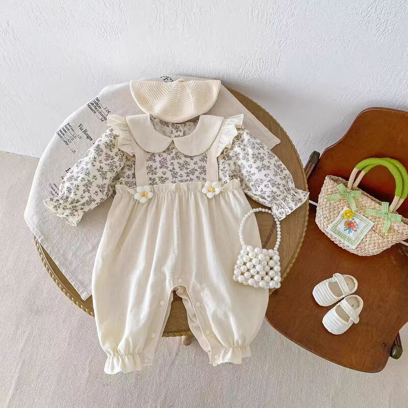 Korean Style Spring and Autumn Long-Sleeve Faux Two-Piece Suspender Jumpsuit for Baby Girls, Stylish Doll Collar Romper