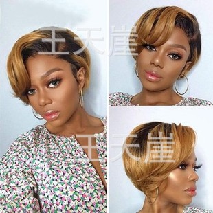 Europe and the United States new cross-border wig women's black Gradient Golden short hair BOB micro curly hair rose net spot factory batch