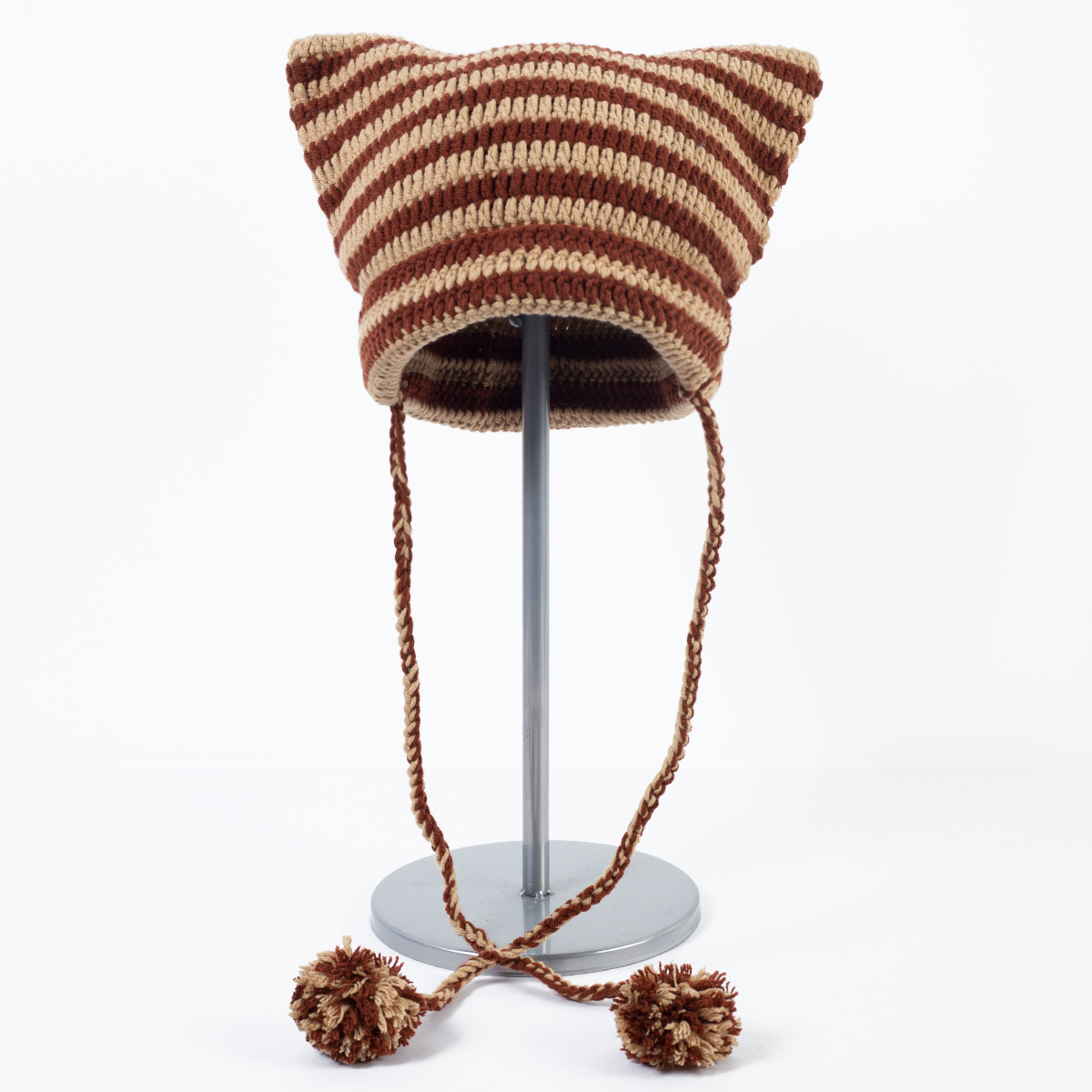 Süße kleine Teufel gestreifte gestrickte Wollmütze weibliche Herbst und Winter coole trendige Katzenohren süße Pullover kalte Mütze_voghion.com