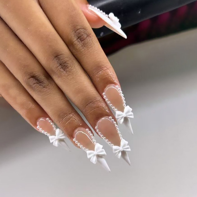 Long pointed French white butterfly fake nails cross-border hot girls simple white 24 pieces of wearing nail wholesale