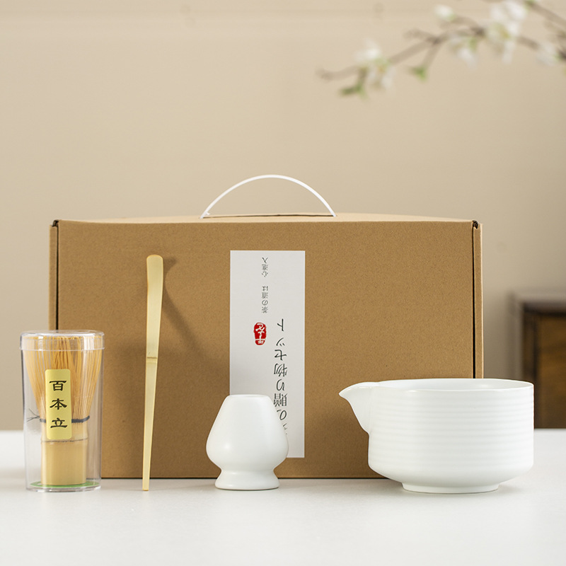 Juego de cuatro piezas de ceremonia del té de matcha, jaula de té de Baiben, tazón de té de pie, juego completo de combinación japonesa, té de punto, accesorios de jaula de té