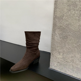 French Retro Ankle Boots Women's 2024 New Western Cowboy Boots Women's Thick Heel Pointed Toe Mist Boots Genuine Leather Ankle Boots