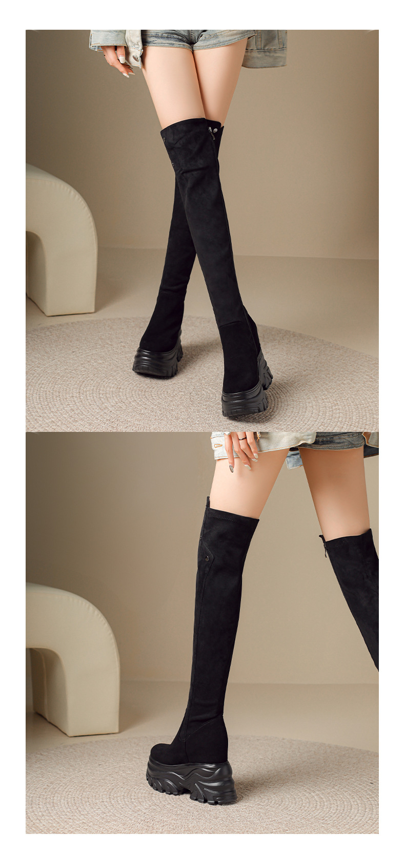 Boot nữ cổ cao ôm bắp chân da lộn đế tăng chiều cao 14 cm — 1638 Da lộn đen lót nhung chi tiết 6