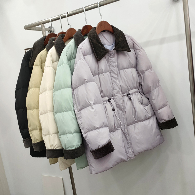 新款羽绒服女中长款时尚灯芯绒翻领收腰显瘦加厚个性白鸭绒外套潮