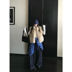 2025秋冬新款跨境欧美人造皮草背心马甲女辣妹宽松翻领短款外套