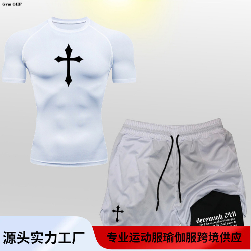 Anime Cross-border Explosions Men's Two-in-one Double-layer Shorts Short-sleeved suit Outdoor Mountaineering Running Training Sportswear Anime Cross-border Explosions Men's Two-in-one Double-layer Shorts Short-sleeved suit Outdoor Mountaineering Running Training Sportswear