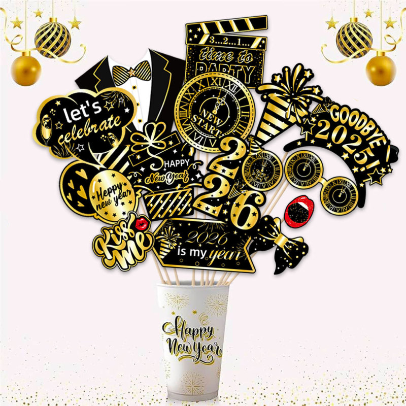 跨境30件新年黑金搞怪拍照道具 2026年跨年元旦派对装饰照片道具|undefined