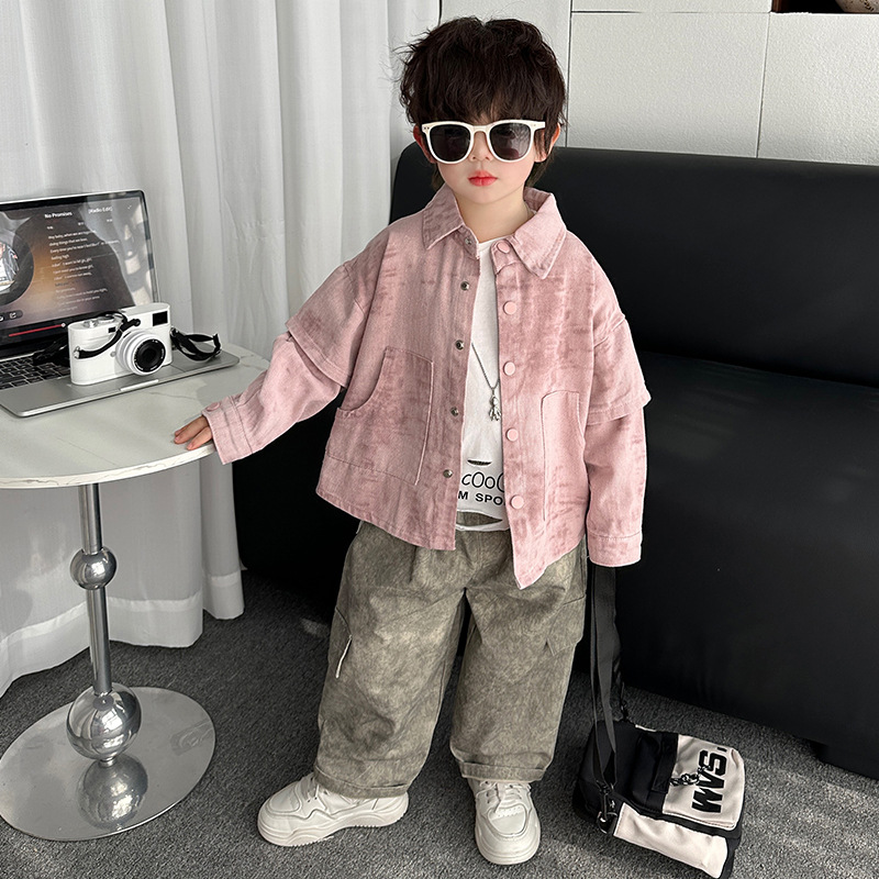 7060 traje de primavera y otoño para niños 2025 nuevo estilo teñido anudado para niños abrigo guapo traje de tres piezas versión coreana de moda para bebés