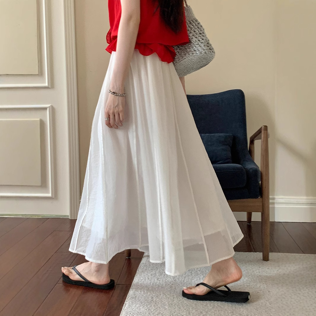 Weison White Fairy Skirt 2026 Summer New Korean Style Pure Color Versatile A-Line Long Skirt High Waist Skirt for Women