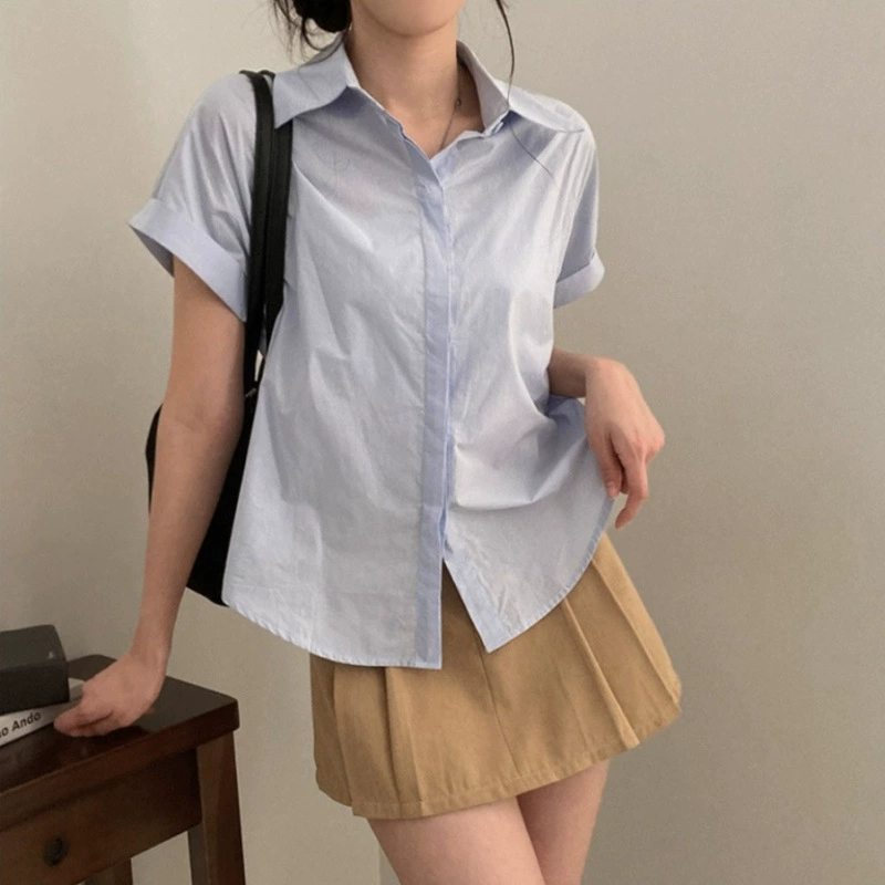 Корейская шикарная летняя простая базовая универсальная однобортная свободная однотонная рубашка с короткими рукавами и лацканами для женщин