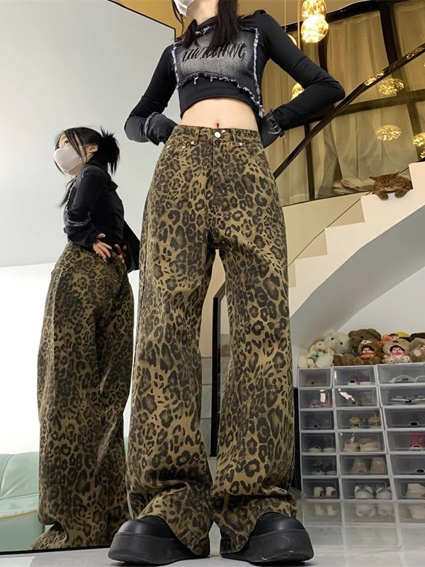 American Retro Leopard Print Jeans for Women, Summer Trendy Brand, Niche Wide-Leg Straight Pants, Loose and Drapedy Casual Trousers with Waist