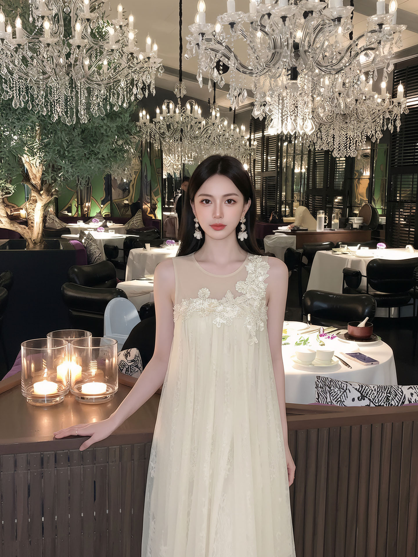Đầm maxi nữ thắt eo ren hoa nổi lãng mạn phong cách nghỉ dưỡng — màu trắng ngà