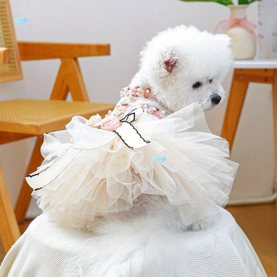 Pet Princess Dress Bow Pearls Tulle Patchwork Costume跨境|ru