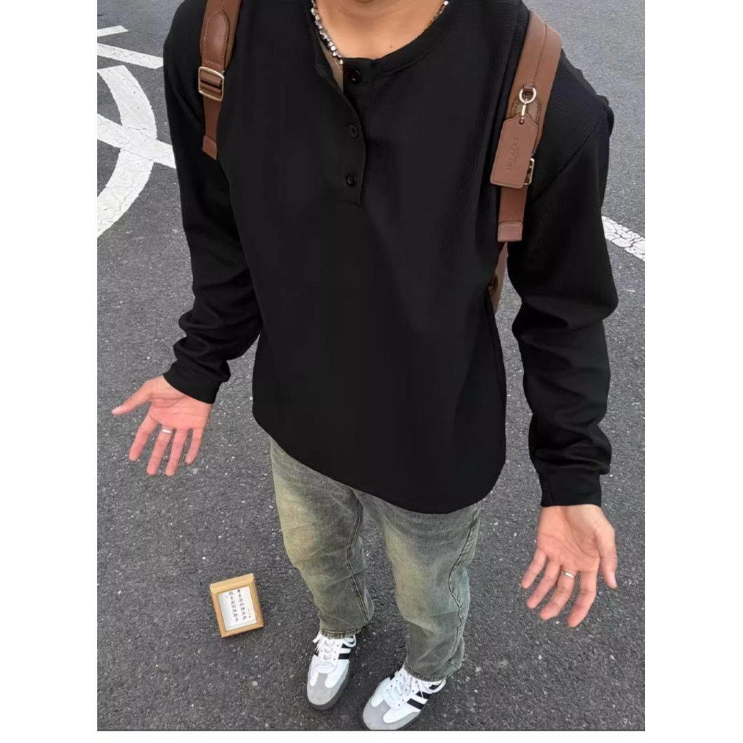 2026 Autumn Versatile Henley Collar Long Sleeve T-Shirt Men's Casual Sports Waffle Polo Shirt Top