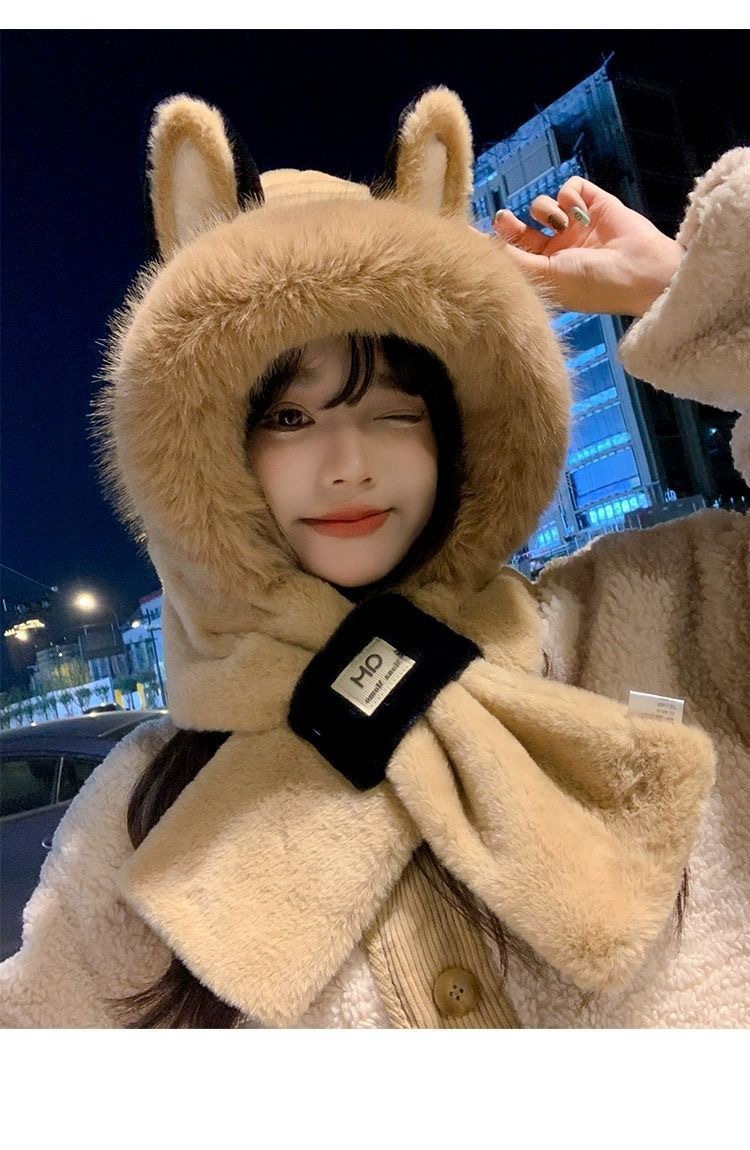 Plush hat in one, women's autumn and winter fox ears cute cycling warm ear protection with thick velvet scarf_voghion.com
