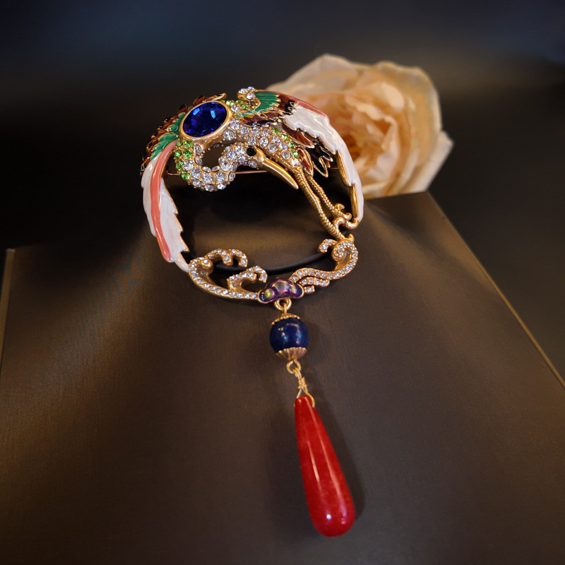 Three-Dimensional Enamel Painted Diamond Crane Xiangyun Natural Stone Pendant Brooch Women's Retro Chinese Style Jewelry Wholesale
