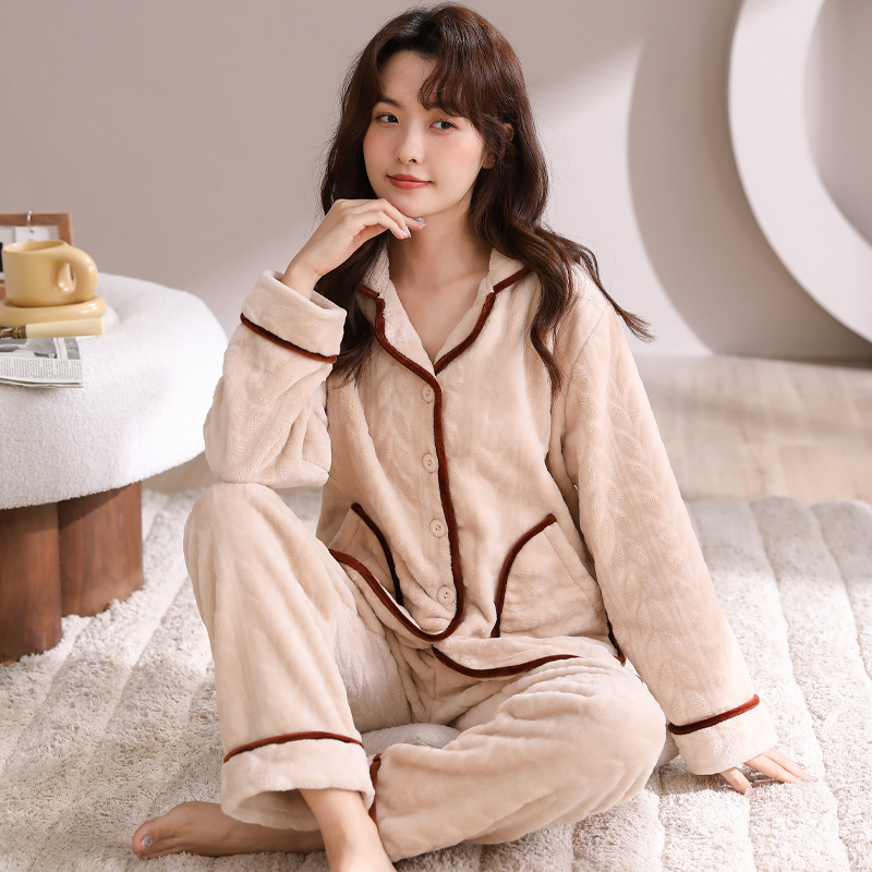 (2개) 여성을위한 산호 벨벳 잠옷 가을, 겨울 두꺼운 플러스 벨벳 플란넬 젊은 어머니 플러스 사이즈 홈웨어 세트