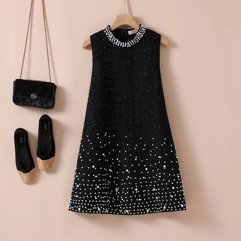 Nunbai Tweed Vest Dress with Heavy Beading, Loose Fashion Dress, 2025 Autumn and Winter New Style for Women