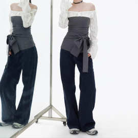 原创设计2025新款春秋季气质假两件一字肩修身女上衣T恤