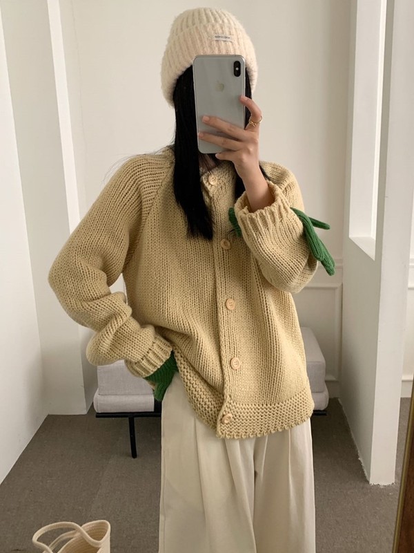 韩系粗针圆领软糯针织开衫女秋冬新款宽松慵懒高级感毛衣外套上衣|undefined
