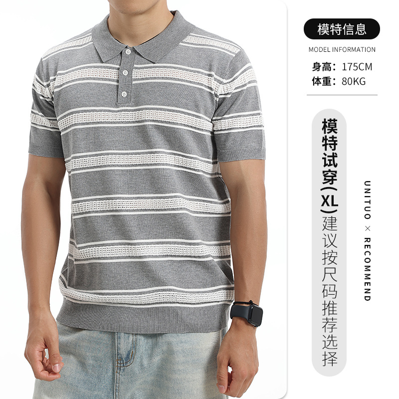 Los hombres europeos y estadounidenses con rayas huecas de hielo de punto polo con collar de manga corta camiseta de lujo ligera de negocios casual