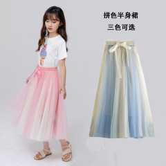 New fashion large swing fairy child tie-dye soft mesh slimming temperament middle and big children maxi dress with bow half skirt