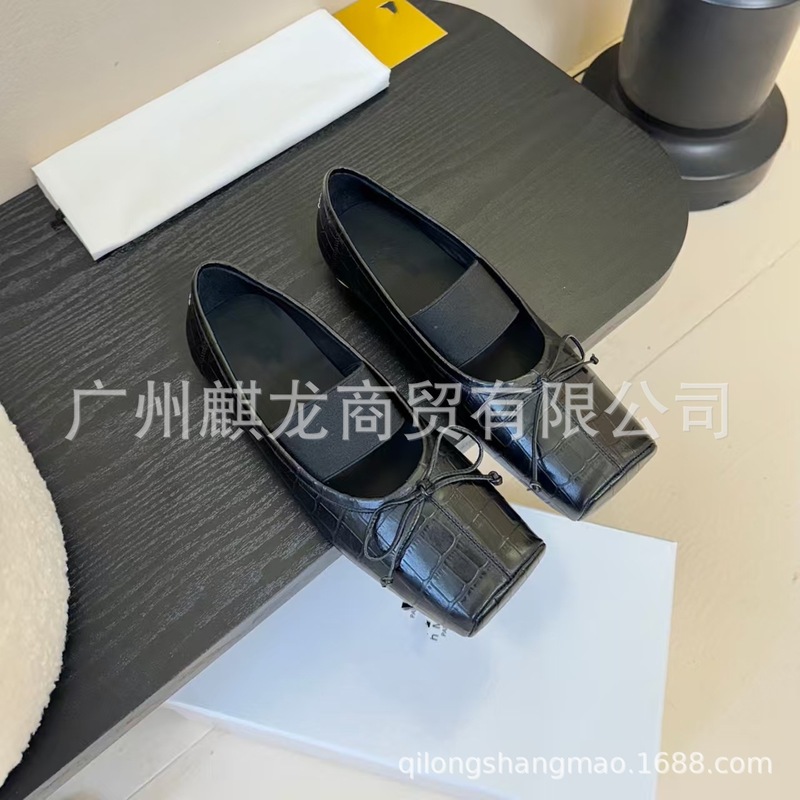 高端2025新款真皮方头复古蝴蝶结松紧弹力一字带平底芭蕾舞鞋单鞋|undefined