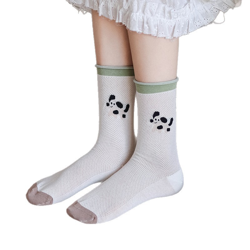 2025 verano delgado calcetines de algodón de malla transpirable calcetines de dibujos animados perros medias calcetines de color sólido calcetines de borde de hormigón al por mayor
