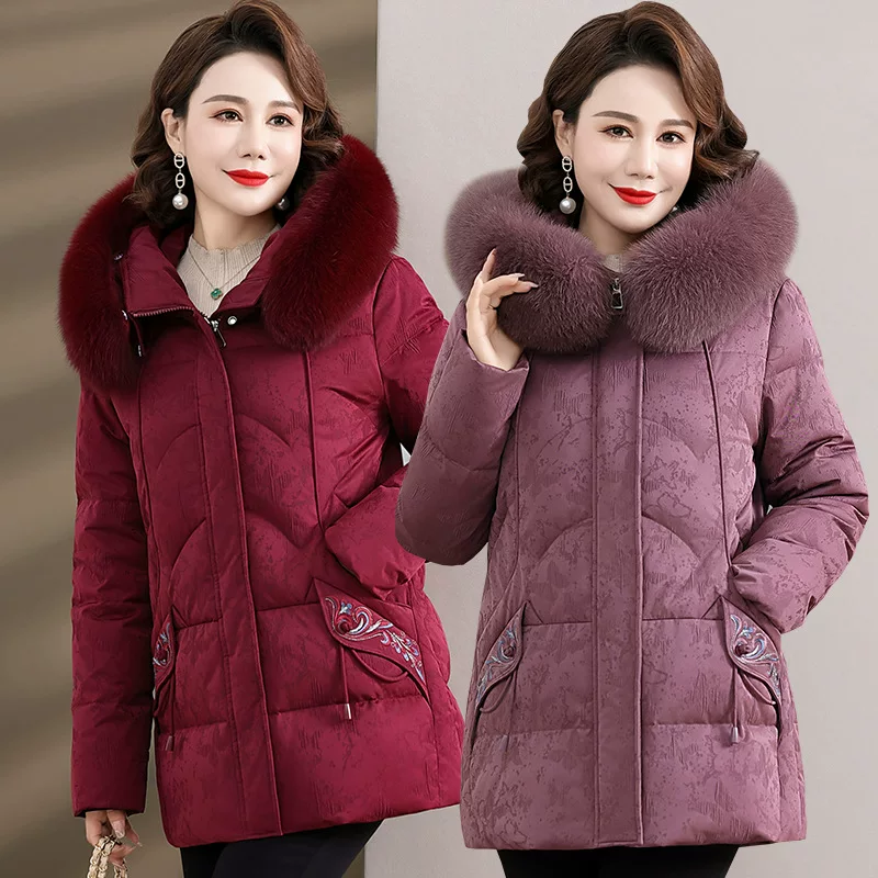 Velvet mid-length down jacket for mother, duck down filling, western style, warm