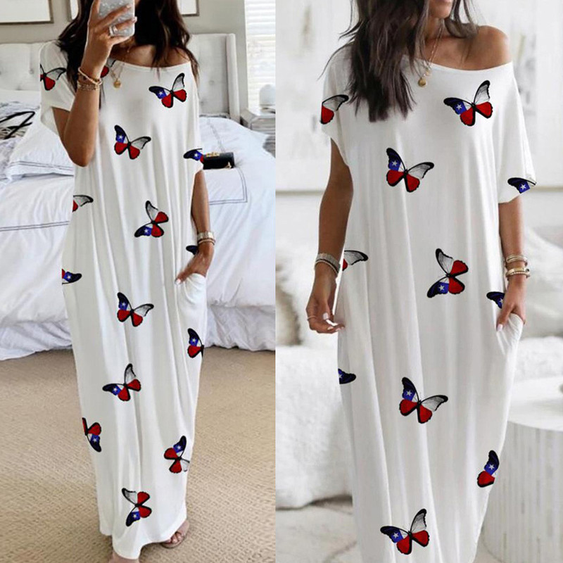 2020 Amazon European and American Explosions Women's Butterfly Printed Short Sleeve Long Solid Color Dress Home Clothes 9927 2020 Amazon European and American Explosions Women's Butterfly Printed Short Sleeve Long Solid Color Dress Home Clothes 9927