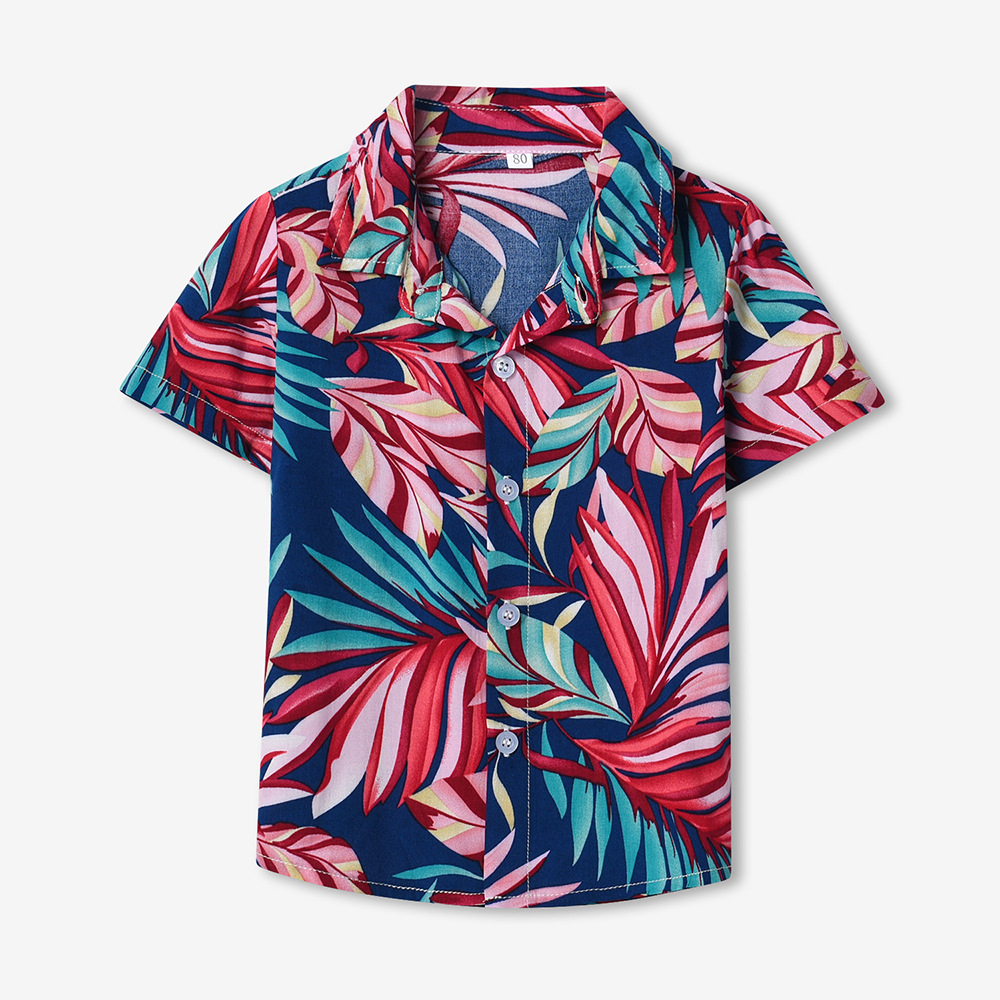 Cárdigan de algodón con estampado neutro de verano europeo y americano, abanico de moda, camisa de flores de vacaciones de manga corta hawaiana, ropa para niños transfronteriza al por mayor