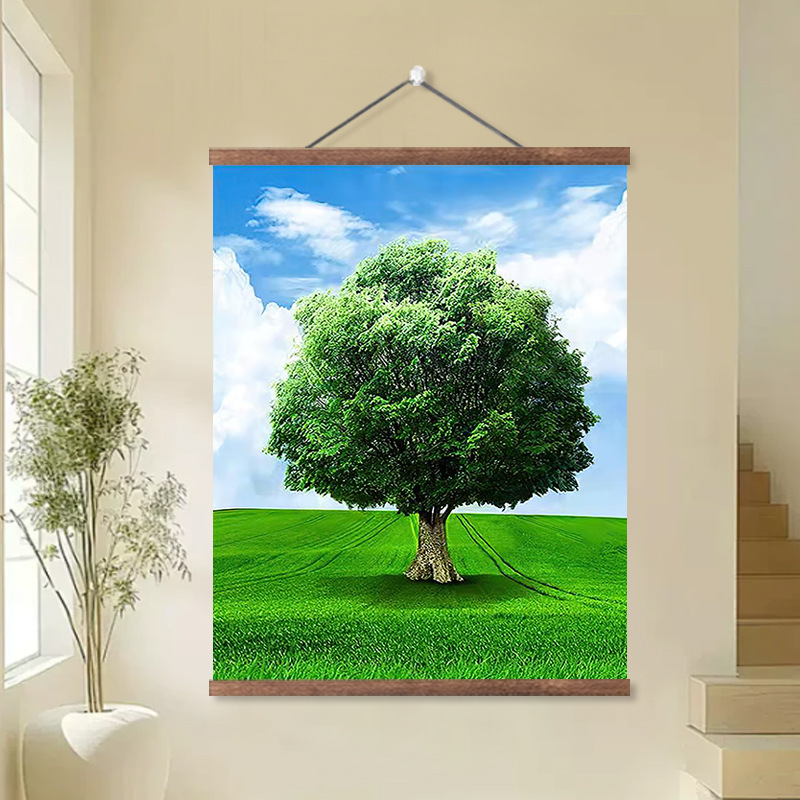 发财树客厅装饰画绿色大树寓意好餐厅壁画现代简约玄关挂画卷轴画