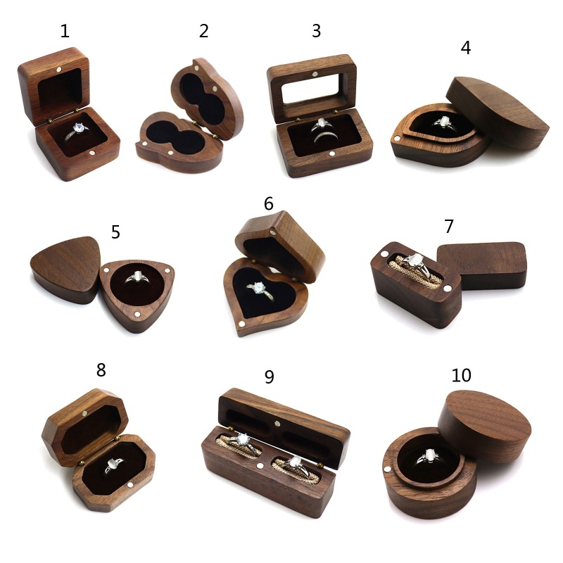 Walnut Wood Couple's Wedding Ring Box Heart-Shaped Solid Wood Proposal Engraving Storage Pair of Ring Boxes Laser Engraved Logo