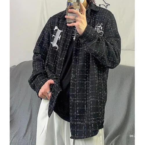 Men's Loose Long Sleeve Streetwear Embroidered Jacket Autumn Checkered Outerwear High Street Shirt